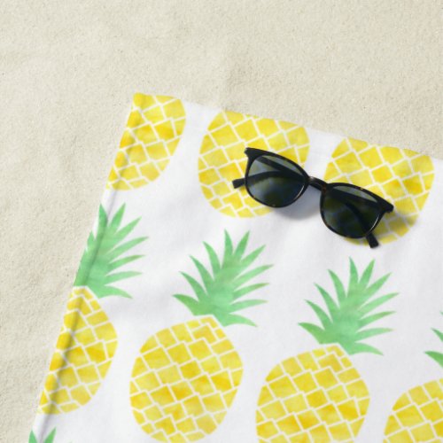 Yellow and Green Watercolor Pineapple Pattern Beach Towel