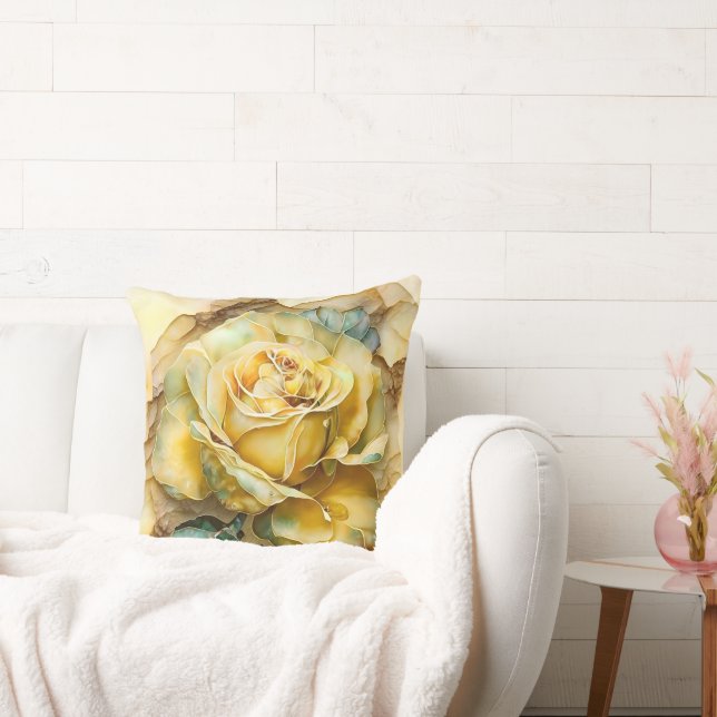 Yellow and Green Watercolor Rose Enlarged Throw Pillow (Couch)