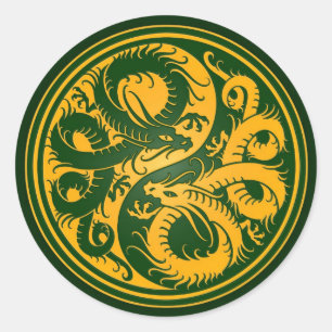 Yellow and Green Yin Yang Chinese Dragons Classic Round Sticker