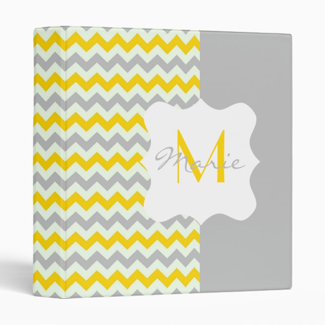 Yellow and Grey Chevron Personalized Monogram Binder (Front/Spine)