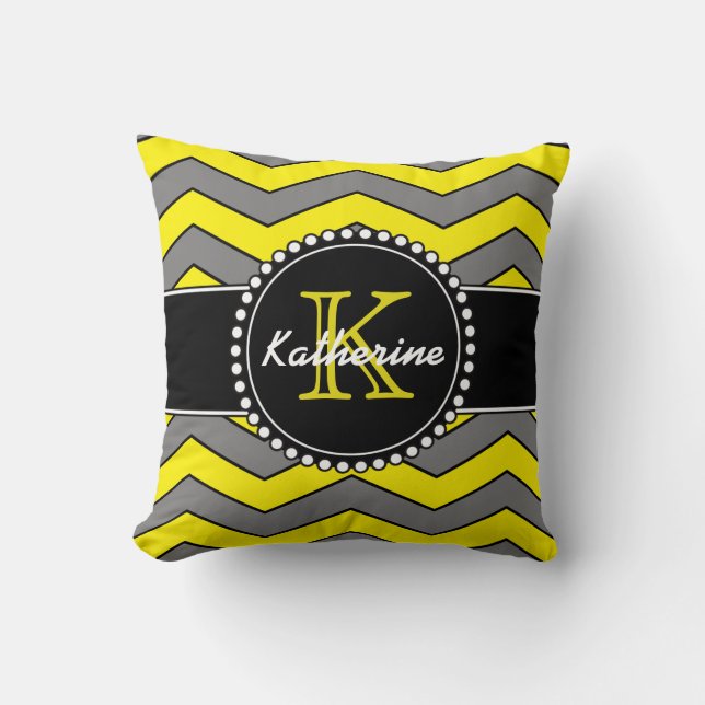 Yellow and Grey Chevron, Personalized, Monogrammed Throw Pillow (Front)