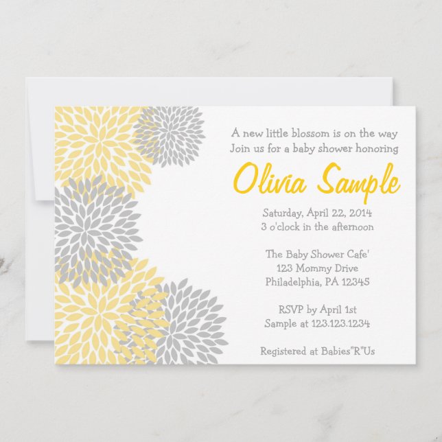 Yellow and Grey Dahlia Baby Shower Invitation (Front)
