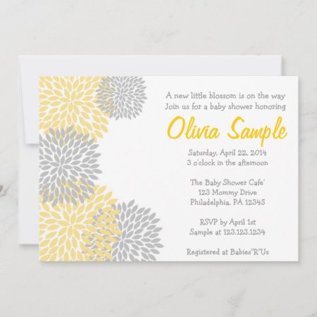 Yellow And Grey Dahlia Baby Shower Invitation