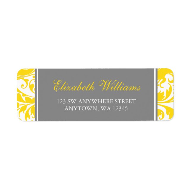 Yellow and Grey Damask Swirls Label (Front)