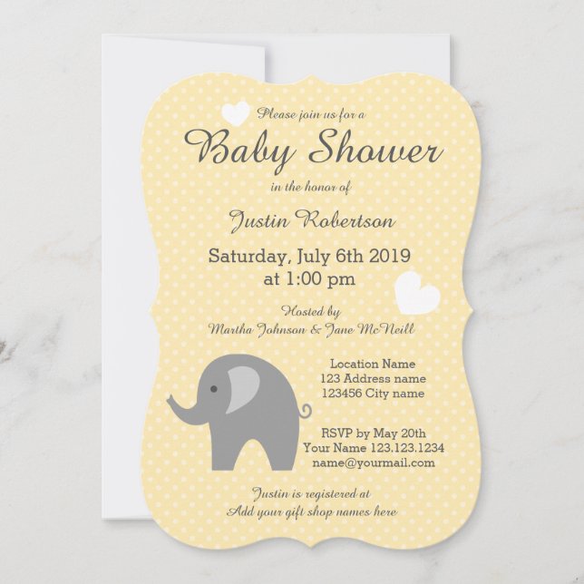 Yellow and grey elephant baby shower invitations (Front)