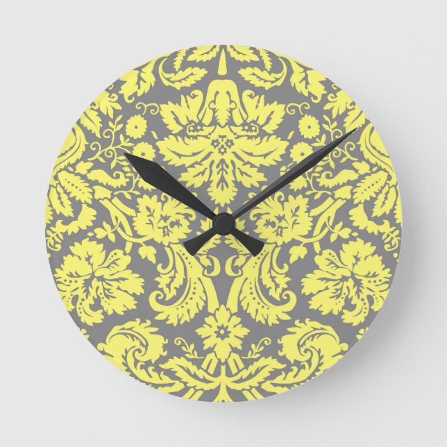 Yellow and Grey Fancy Damask Patterned Round Clock (Front)