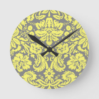 Yellow and Grey Fancy Damask Patterned Round Clock