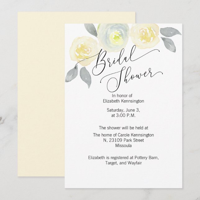 Yellow and Grey Floral Bridal Shower Invitation (Front/Back)