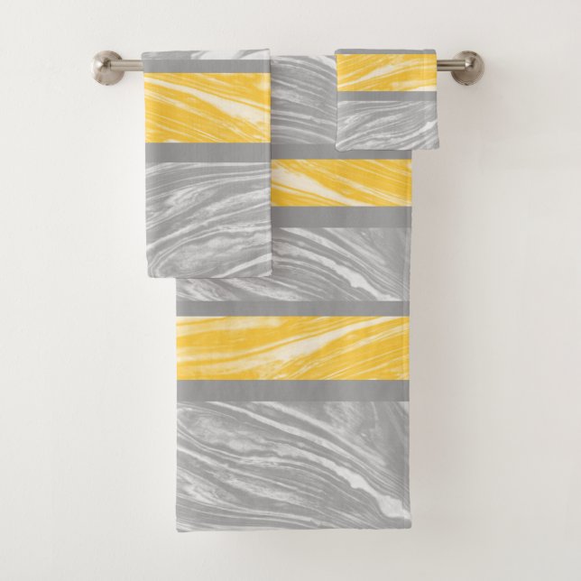 Yellow And Grey Marble Abstract Modern Chic Bath Towel Set (Insitu)