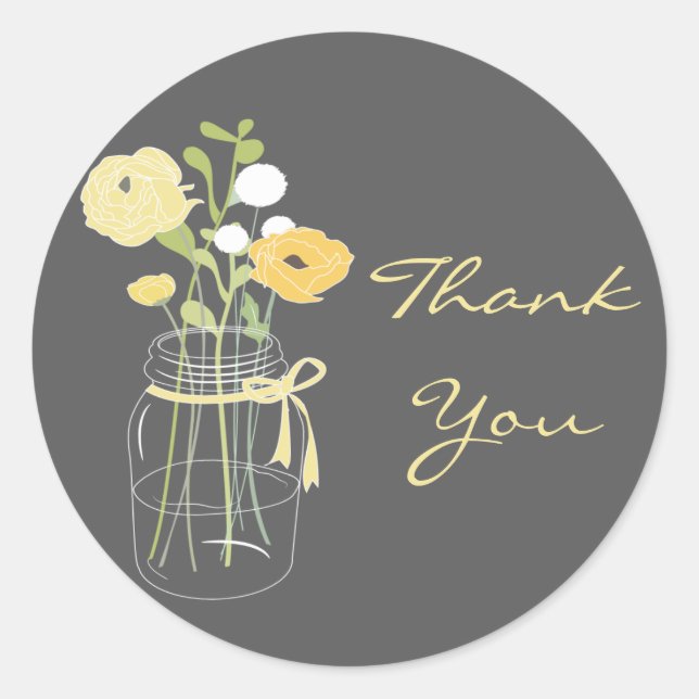 Yellow and Grey Mason Jar Wedding Favor Stickers (Front)