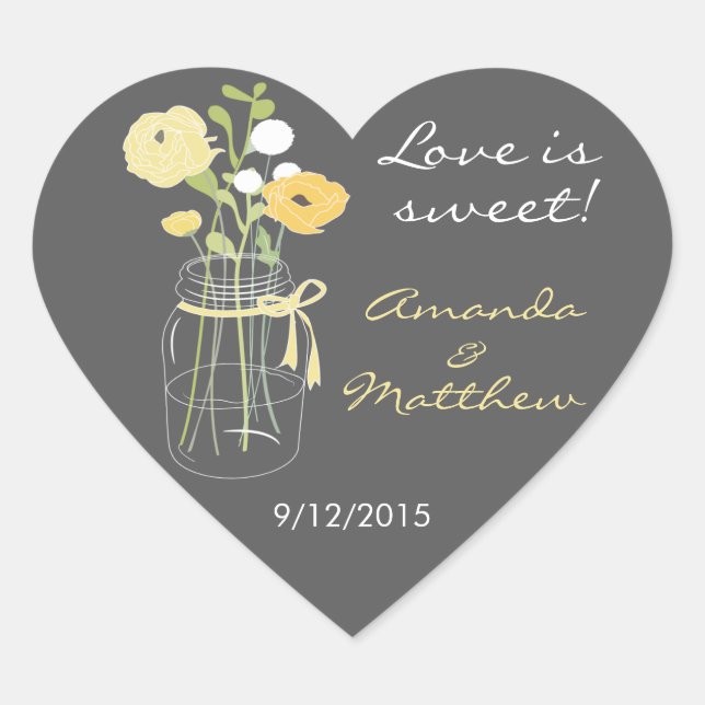 Yellow and Grey Mason Jar Wedding Favor Stickers (Front)
