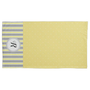 Yellow and Grey Polka Dots and Stripes Monogrammed Pillow Case