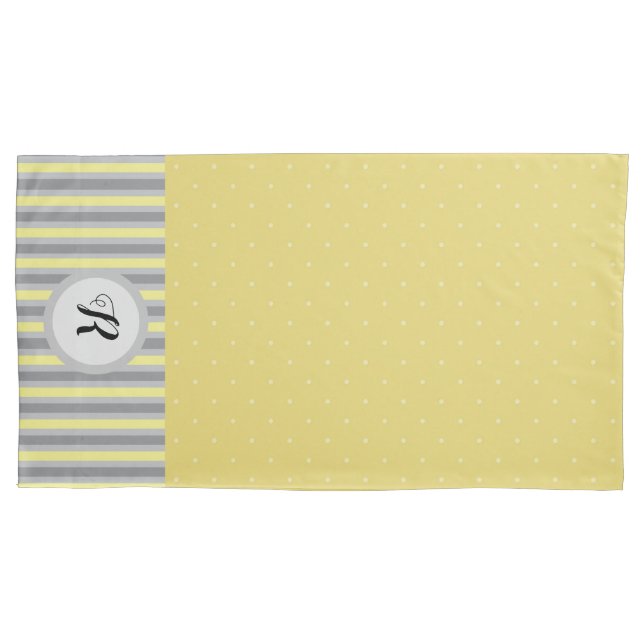 Yellow and Grey Polka Dots and Stripes Monogrammed Pillow Case (Front-Left)