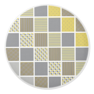 Yellow and Grey Quilt Pattern Ceramic Knob