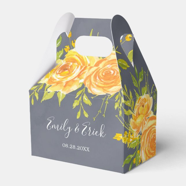 Yellow and Grey Rose Peony Wedding Favor Box (Front Side)