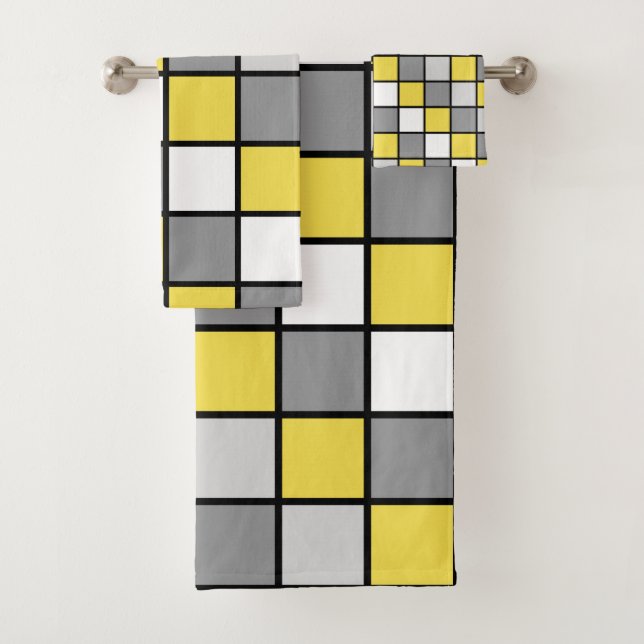 Yellow and grey squares bath towel set (Insitu)