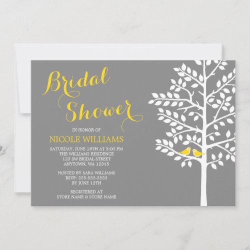 Yellow and Grey Tree Love Birds Bridal Shower Invitation