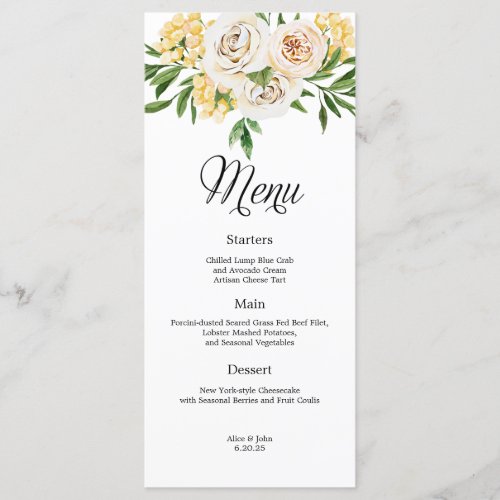 Yellow and Ivory Floral Watercolor Wedding Menu
