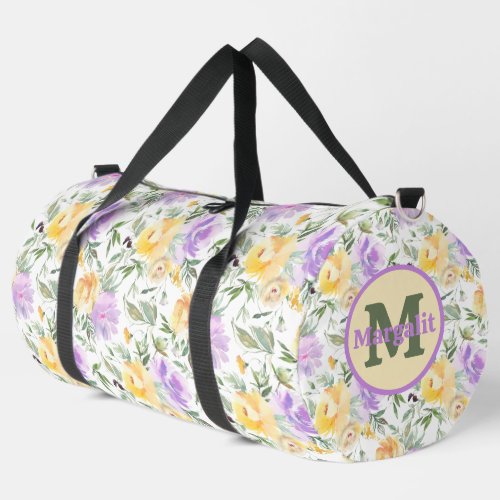 Yellow and Lavender Purple Floral Roses Large Duffle Bag