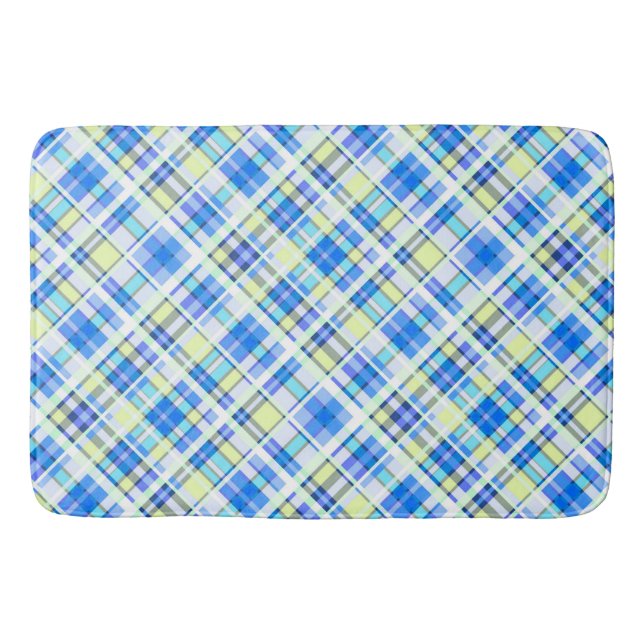 Yellow and light blue checkered print pattern bath mat (Front)