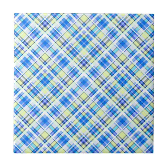 Yellow and light blue checkered print pattern ceramic tile (Front)
