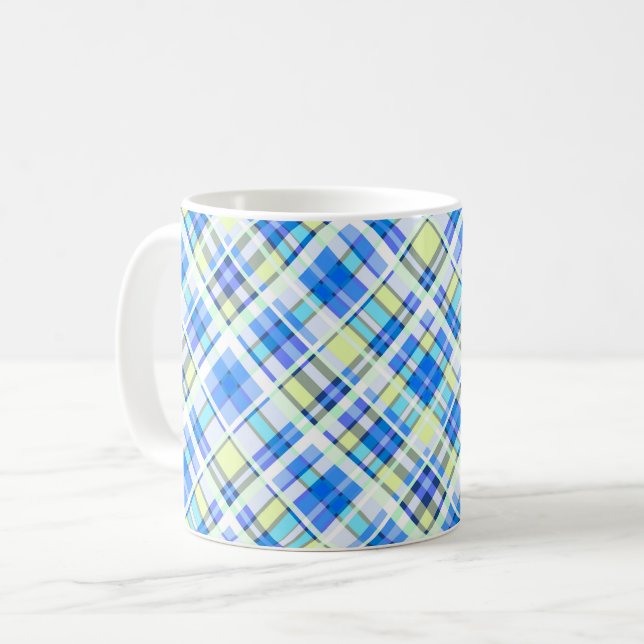 Yellow and light blue checkered print pattern coffee mug (Front Left)
