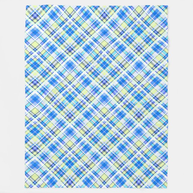 Yellow and light blue checkered print pattern fleece blanket (Front)