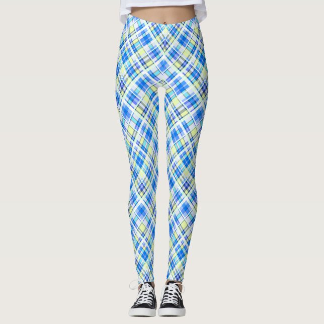 Yellow and light blue checkered print pattern leggings (Front)