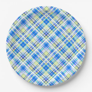 Yellow and light blue checkered print pattern paper plates