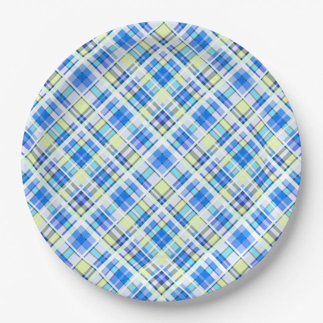 Yellow and light blue checkered print pattern paper plates (Front)
