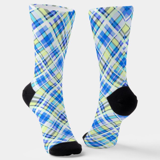 Yellow and light blue checkered print pattern socks (Angled)