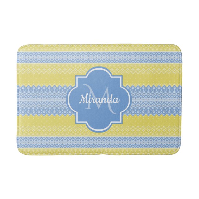 Yellow and Light Blue Knit Pattern With Monogram Bathroom Mat (Front)