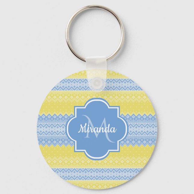 Yellow and Light Blue Knit Pattern With Monogram Keychain (Front)