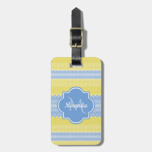 Yellow and Light Blue Knit Pattern With Monogram Luggage Tag