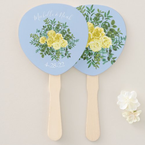 Yellow and Light Blue Rose Vintage Spring Wedding Hand Fan