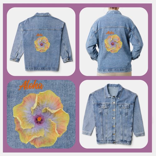 Yellow and Lilac Tropical Hibiscus Hawaiian Aloha Denim Jacket