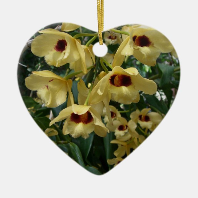 Yellow and Maroon Orchids Elegant Floral Ceramic Ornament (Front)