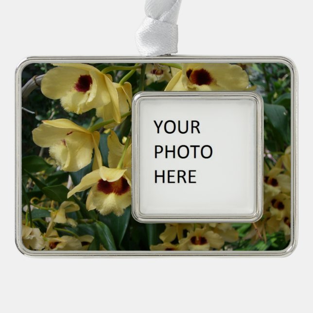 Yellow and Maroon Orchids Elegant Floral Christmas Ornament (Front)