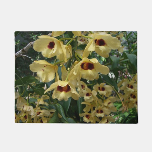 Yellow and Maroon Orchids Elegant Floral Doormat (Front)