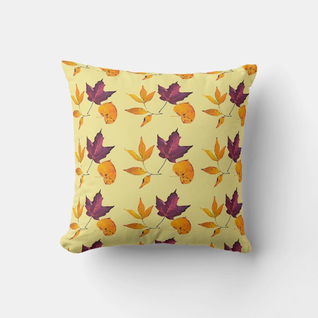 Yellow and Mauve Fall Leaves Autumn Throw Pillow (Front)