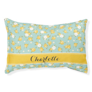 Yellow and Mint Chic Vintage Floral Print Monogram Pet Bed