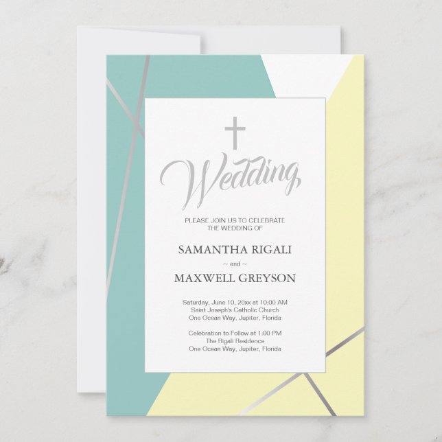 Yellow and Mint Green Christian Wedding Invitation (Front)