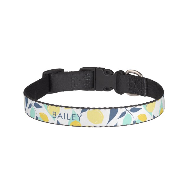 Yellow and Mint Lemons Pattern Personalized Pet Collar (Front)