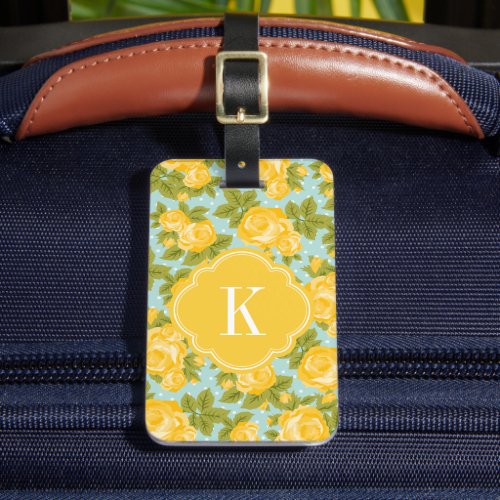 Yellow and Mint Vintage Roses Monogram Luggage Tag