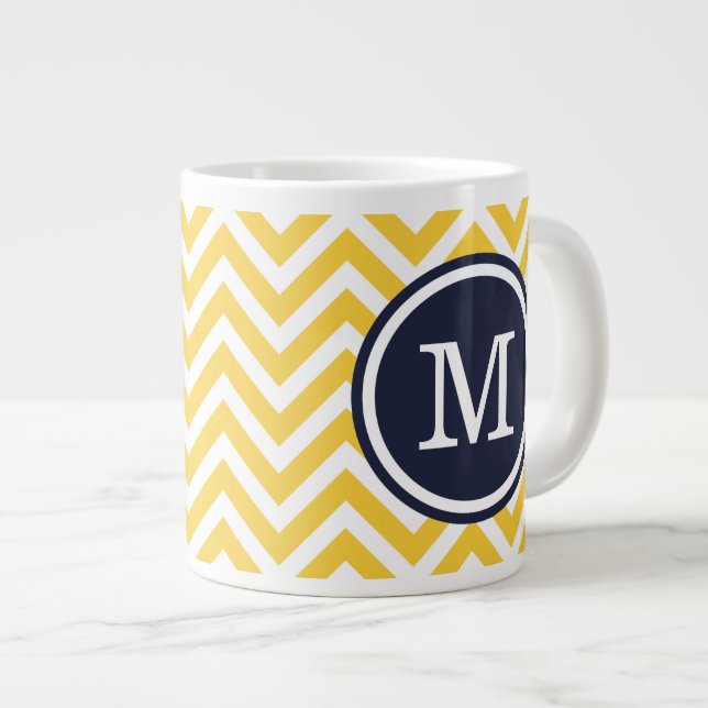 Yellow and Navy Blue Chevron Custom Monogram Giant Coffee Mug (Front Right)