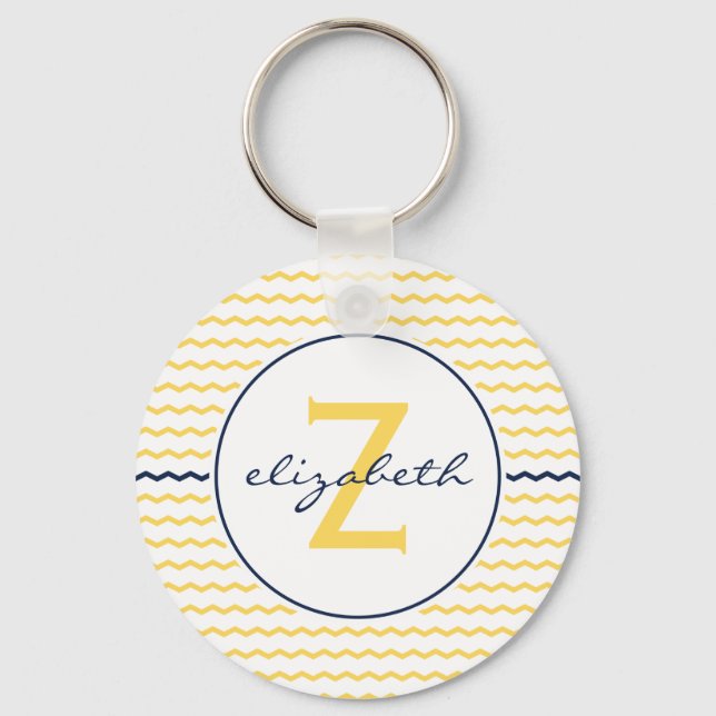 Yellow and Navy Blue Chevron Monogram Keychain (Front)