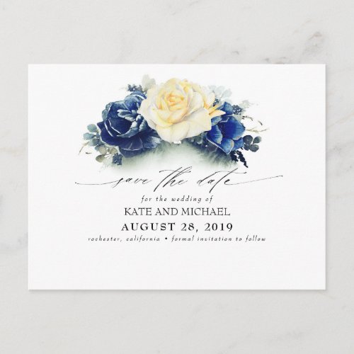 Yellow and Navy Blue Floral Boho Save the Date Postcard