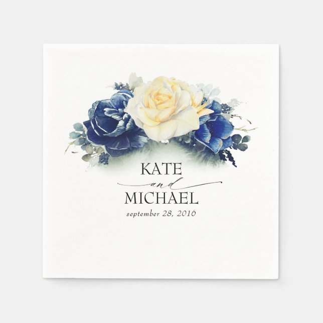 Yellow and Navy Blue Floral Wedding Napkins (Front)