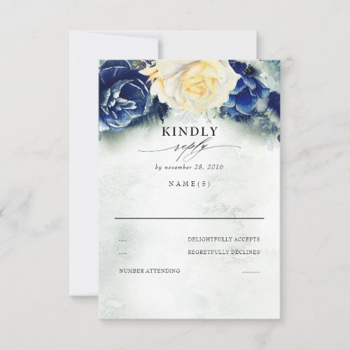Yellow and Navy Blue Floral Wedding RSVP