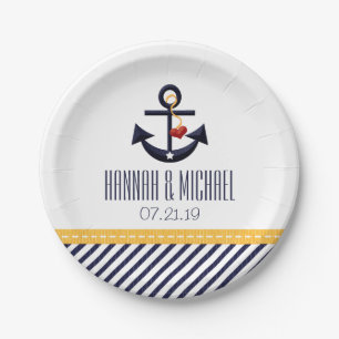 Yellow and Navy Blue Nautical Anchor Wedding Paper Plates